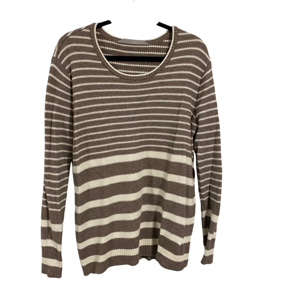 Athleta Kennewick Sweater Side Slit Taupe‎ and White Stripes Size M